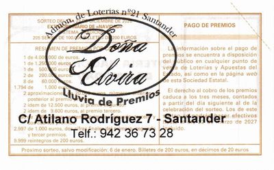 Reverso del d&eacute;cimo 98998 con el sello de la Administraci&oacute;n n&ordm; 21 &laquo;Do&ntilde;a Elvira&raquo;, en Santander